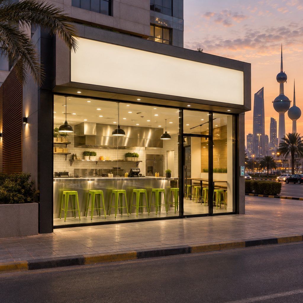 A glass-fronted burger bar at dusk, lime-green stools along the counter and the Kuwait Towers behind