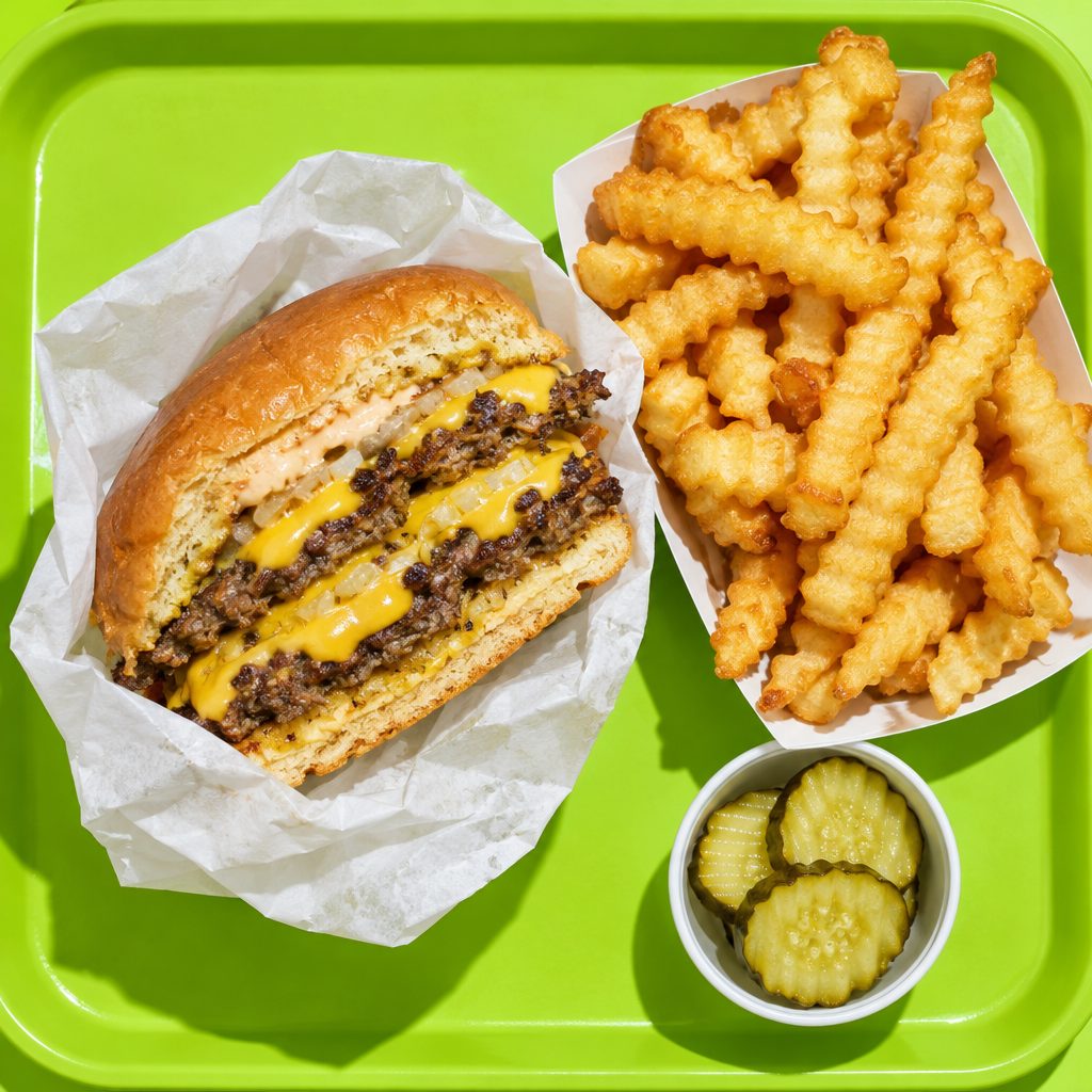 A double smash burger in paper beside crinkle fries and a tub of pickles, on a bright green tray, seen from above